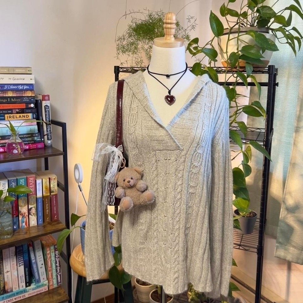 Vintage Y2K‎ Faded Glory Cream Knit Sweater w/ Hood Size 18W/20W Boho Pullover